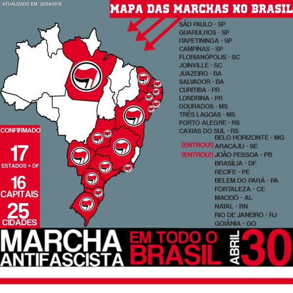 Marchas antifascistas convocadas para 30 de abril no Brasil