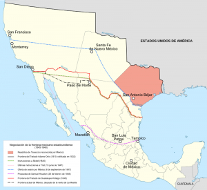 Fronteira atual entre México e EUA (linha vermelha) e o território mexicano antes de 1848 (em branco)