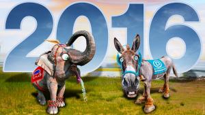 O elefante republicano e o burro demócrata, em uma charge