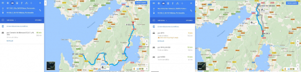 Mapas dos percursos que fam tanto Bombeiros do Morraço comoa Bombeiros de Ponte Vedra para o local do acidente