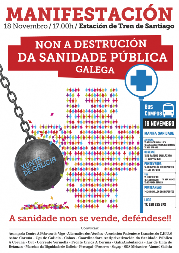 Este sábado, 18 de novembro, em Compostela manifestaçom em defesa da saúde pública
