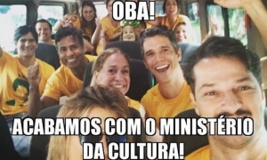 &quot;Artistas&quot; golpistas a viajar para protesto em Copacabana foram alvo de críticas, como este &quot;meme&quot; viralizado, após o governo golpista acabar com o MinC