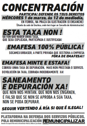 Convocam mobilizaçons em Ferrol contra o calote e a privataria em saneamento e depuraçom da água